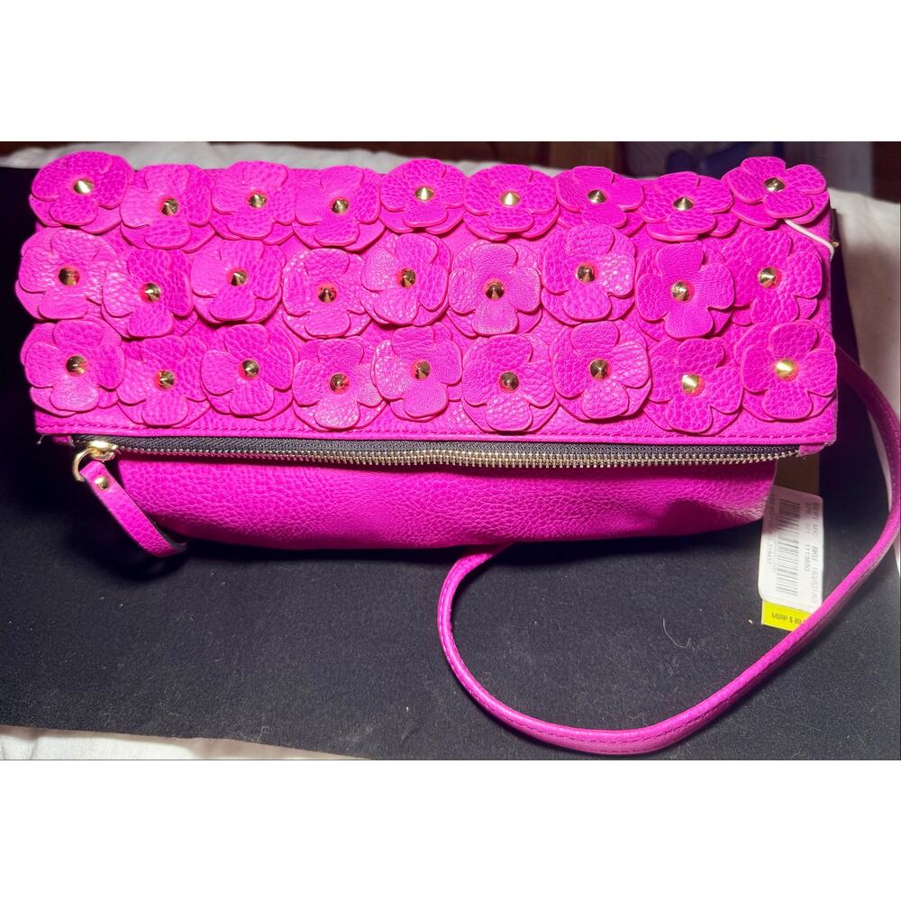 Gianni Bini NWT Hot Pink Floral Appliqué Crossbody Bag Gold Chain - Picture 15 of 15